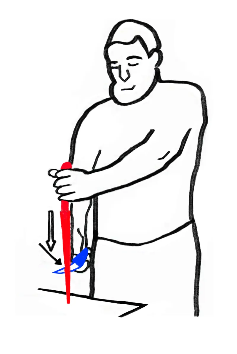 Illustration du geste d'affilage : fusil tenu à la verticale, pointe posée sur le plan de travail, lame glissée vers le bas