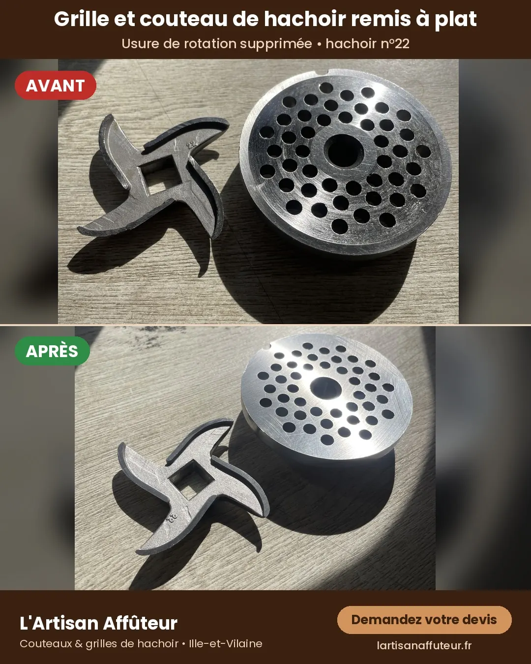 Grille et couteau de hachoir n°22 avant et après rectification à plat