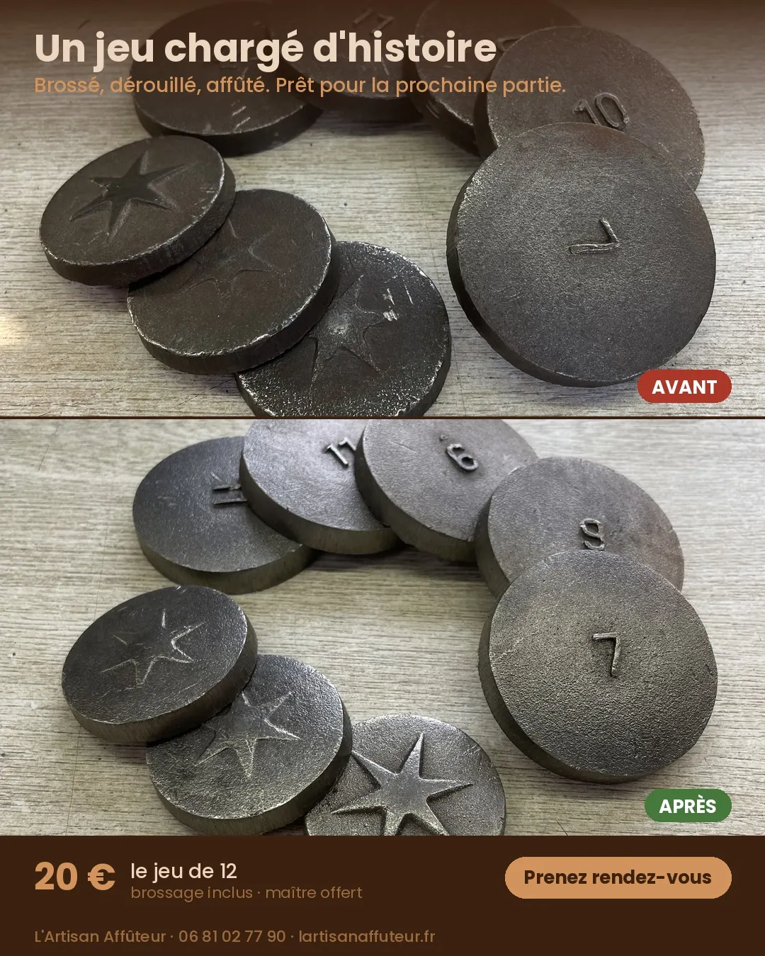 Jeu de palets en fonte avant et après brossage, dérouillage et affûtage des arêtes