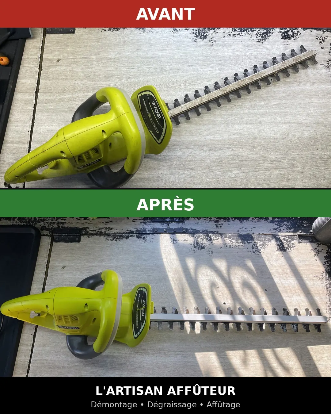 Taille-haie électrique avant et après démontage, dégraissage et affûtage